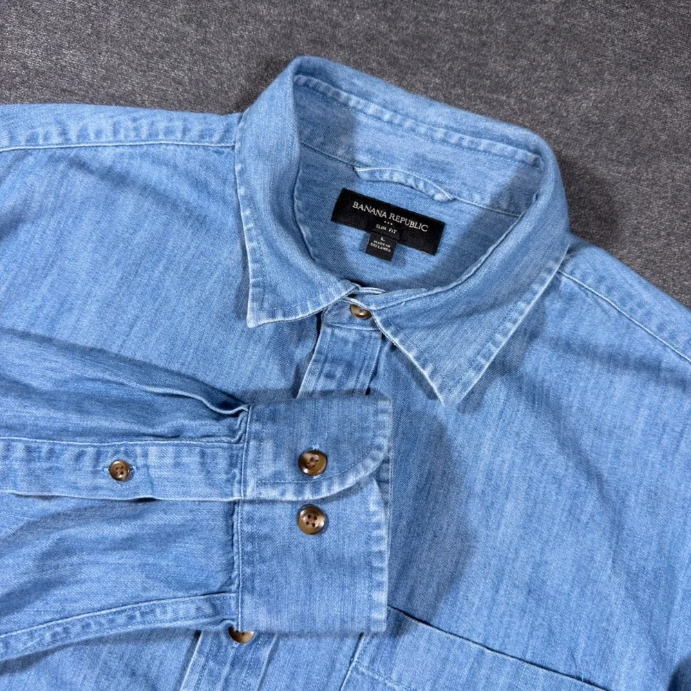 Banana Republic Button Down Shirt Mens Large Blue Slim Fit Denim Cotton Stretch